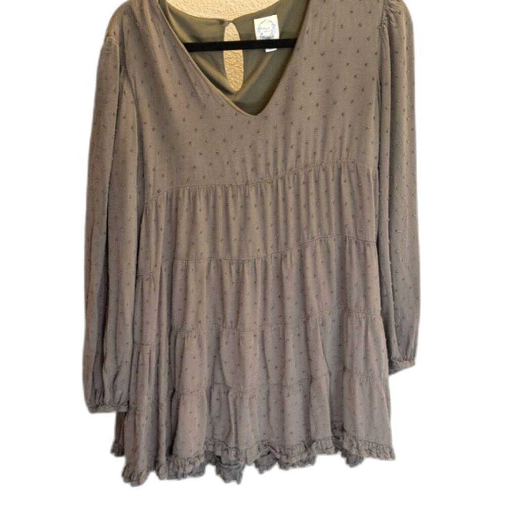 Blue Rain Tunic Top Size S Swiss Dot Tiered Ruffle Hem Boho Blouse